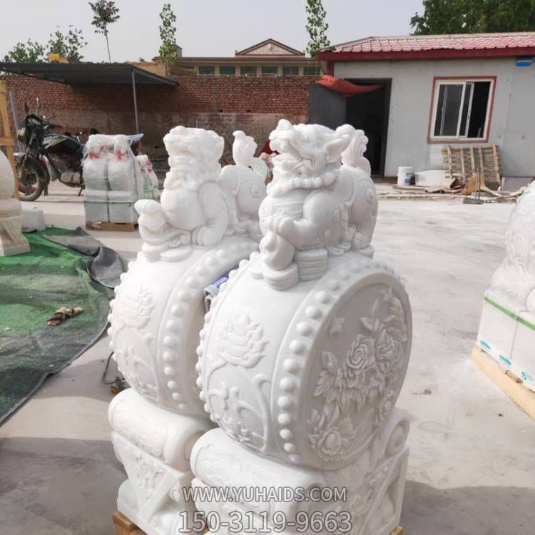 景區庭院漢白玉浮雕小象石鼓 貔貅獅子石鼓門(mén)墩雕塑