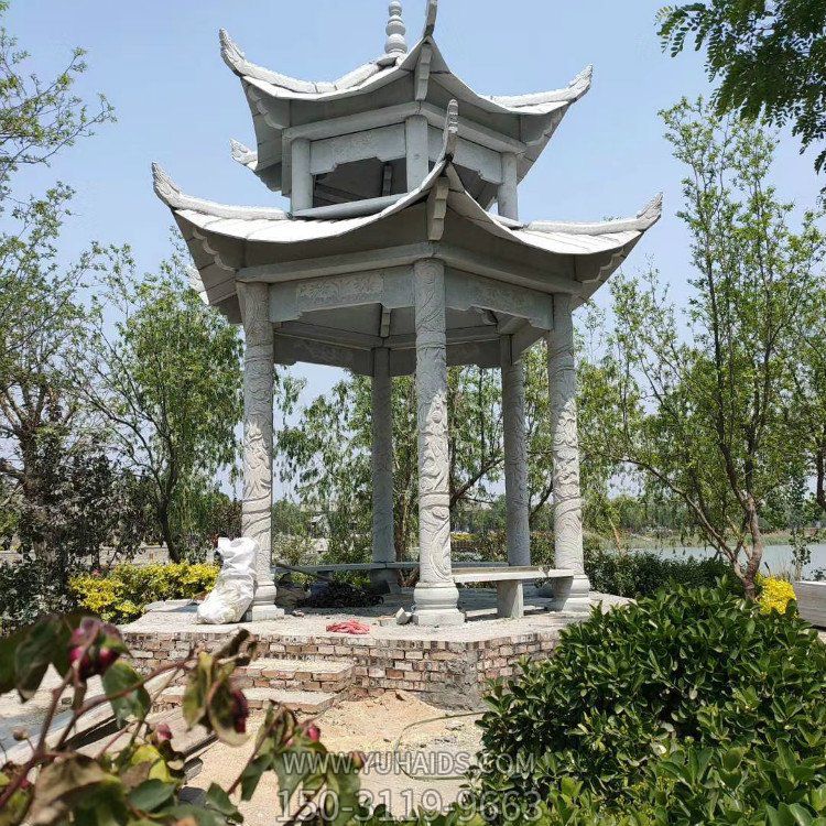 花崗巖石雕涼亭，雙層高涼亭雕塑