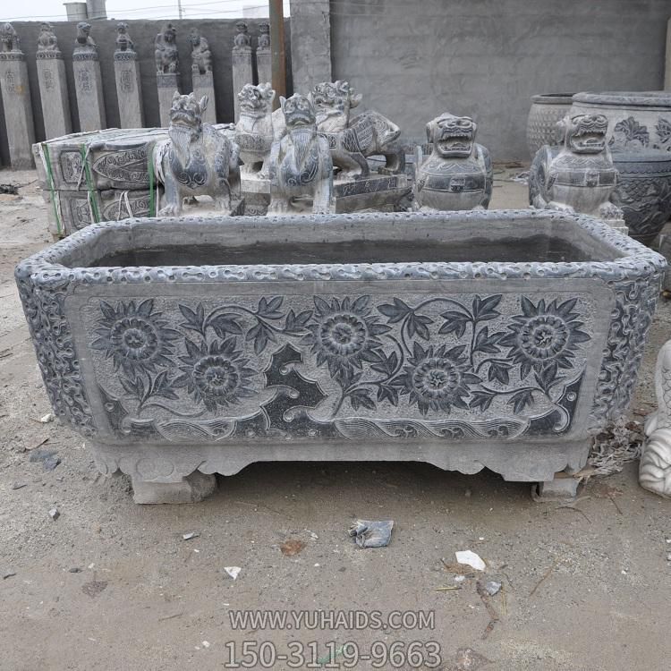 庭院擺放青石浮雕花長(cháng)形老石槽水池養魚(yú)水缸雕塑