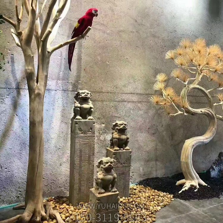 獅子栓馬柱，古建庭院裝飾擺件雕塑