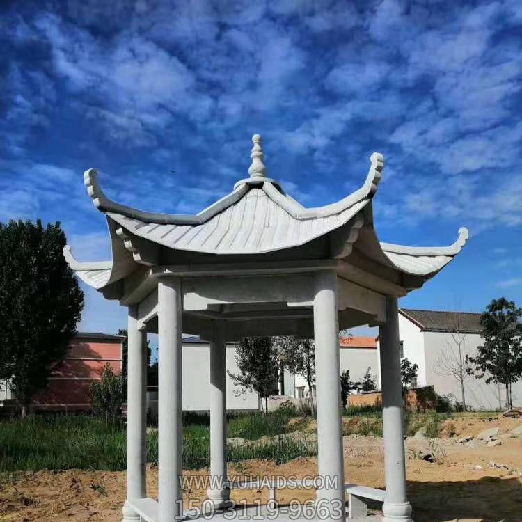 村莊戶(hù)外擺放天然青石仿古六角休閑涼亭雕塑