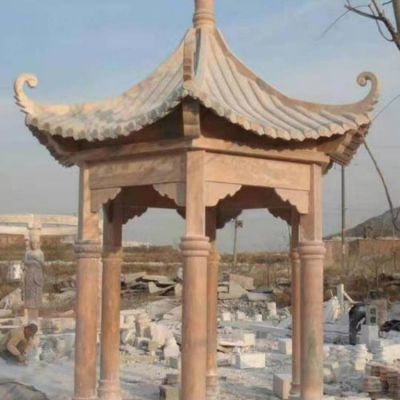 晚霞紅大理石戶(hù)外園林景觀(guān)六角涼亭雕塑