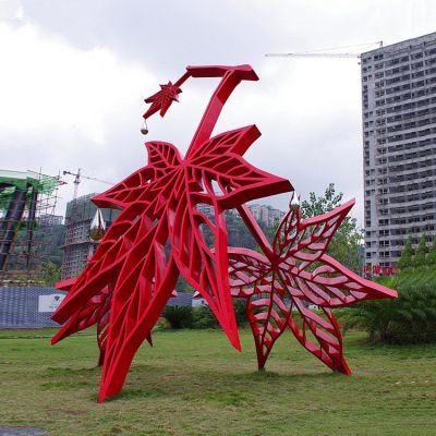 不銹鋼樹(shù)葉景觀(guān)擺件，紅色楓葉不銹鋼雕塑