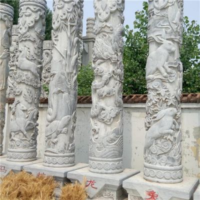廣場(chǎng)景區十二生肖石雕柱子花崗巖龍盤(pán)柱子