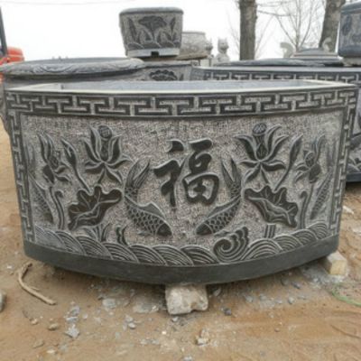 青石浮雕荷花鯉魚(yú)福字長(cháng)形養魚(yú)水缸體院擺件