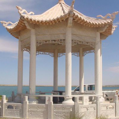 晚霞紅大理石石雕戶(hù)外海邊創(chuàng  )意中式六角涼亭雕塑