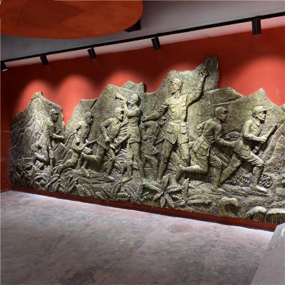 展館室內裝飾浮雕玻璃鋼仿銅紅色主題八路軍人物壁畫(huà)
