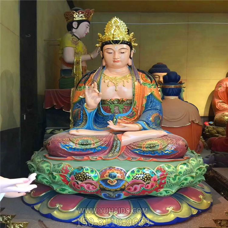 景區玻璃鋼彩繪佛像坐著(zhù)的三圣雕塑