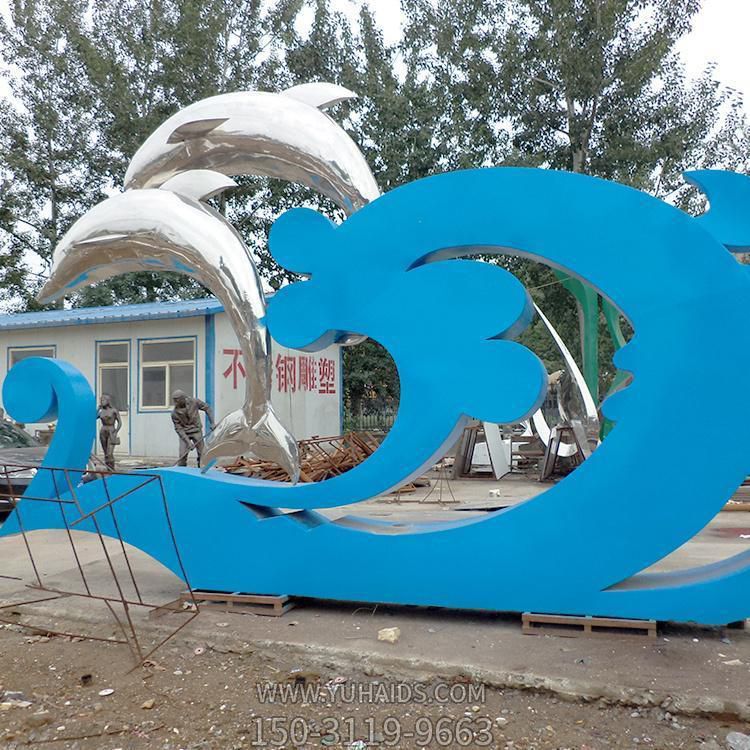 海洋公園不銹鋼鏡面海豚動(dòng)物標識雕塑