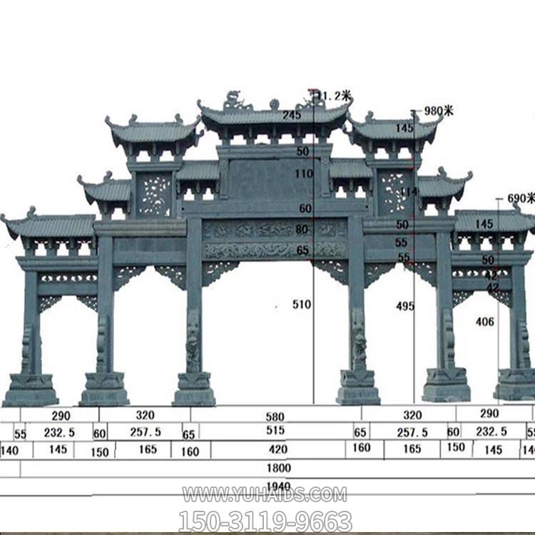 青石浮雕鏤空仿古建筑大型五門(mén)牌坊寺院園林石雕雕塑