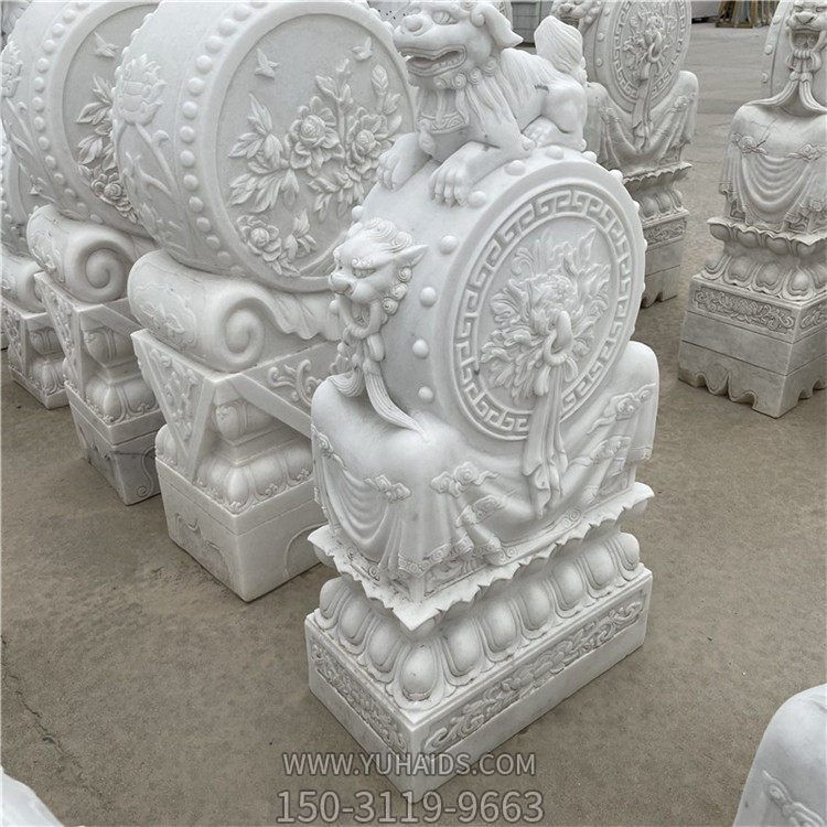 石雕漢白玉鎮宅招財小獅子門(mén)墩抱鼓石一對 雕塑