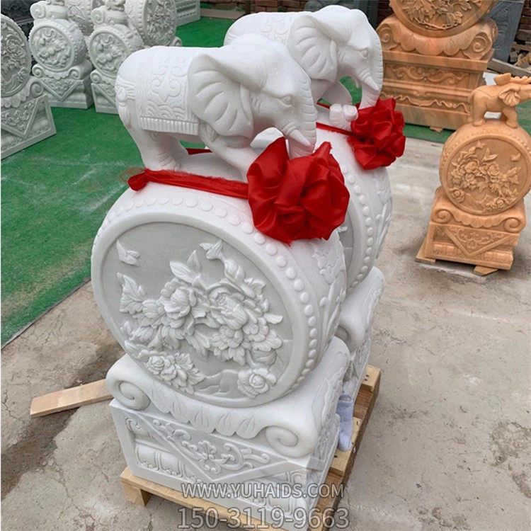 大理石雕刻企業(yè)門(mén)口裝飾小象招財抱鼓石門(mén)墩雕塑