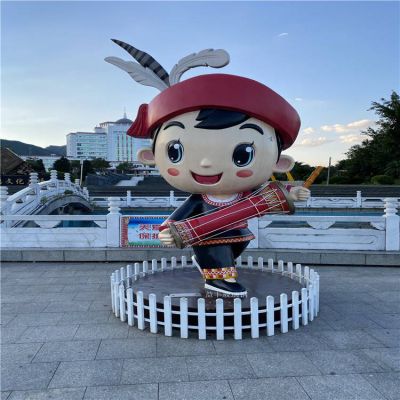 城市文化廣場(chǎng)擺放玻璃鋼彩繪卡通少數民族人物雕塑