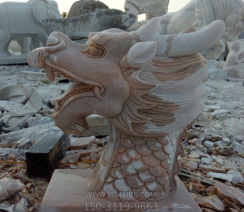 公園創(chuàng )意龍頭晚霞紅石雕龍雕塑