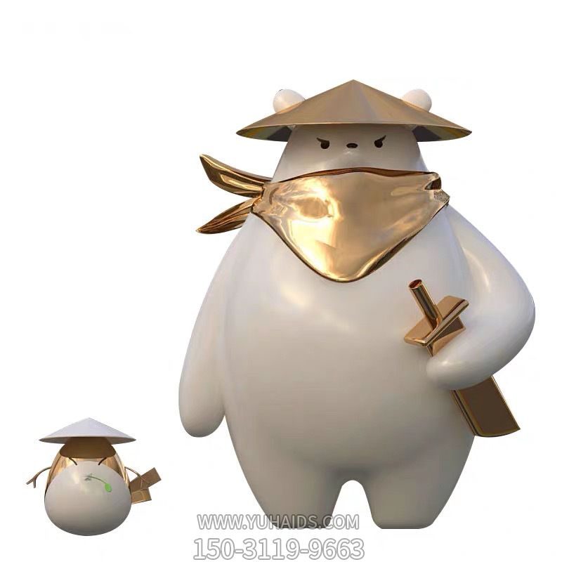 景區園林廣場(chǎng)貼金一大一小武俠卡通玻璃鋼熊雕塑