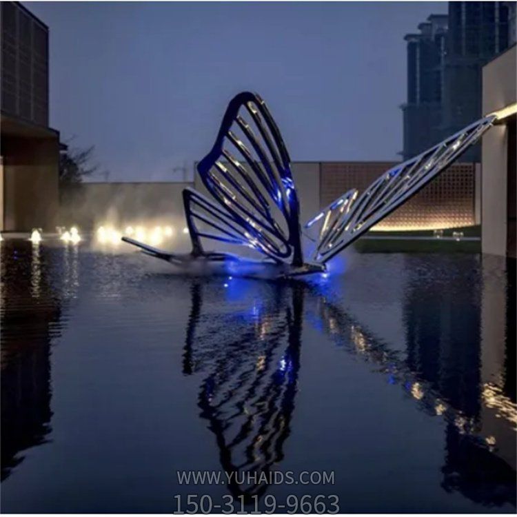 酒店會(huì )所水池水景不銹鋼發(fā)光鏤空大型蝴蝶景觀(guān)雕塑
