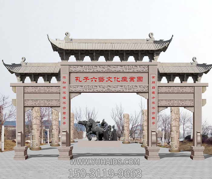 景區廣場(chǎng)花崗巖三門(mén)石雕牌坊雕塑