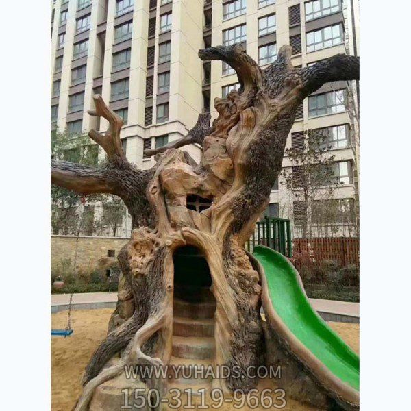 小區兒童游樂(lè )場(chǎng)水泥仿真樹(shù)干兒童滑梯雕塑