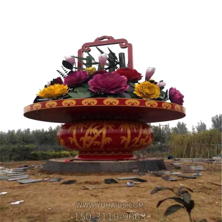 公園廣場(chǎng)大型玻璃鋼景觀(guān)花籃，慶典大花籃雕塑