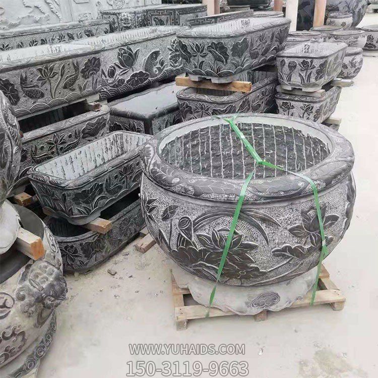 老石槽，黑色大理石石雕水缸水盆雕塑