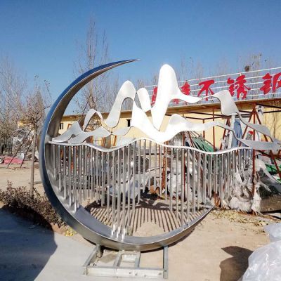 不銹鋼抽象月亮假山小區水池景觀(guān)雕塑擺件