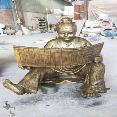 廣場(chǎng)校園綠地擺放玻璃鋼仿銅古代坐姿看書(shū)兒童人像雕塑