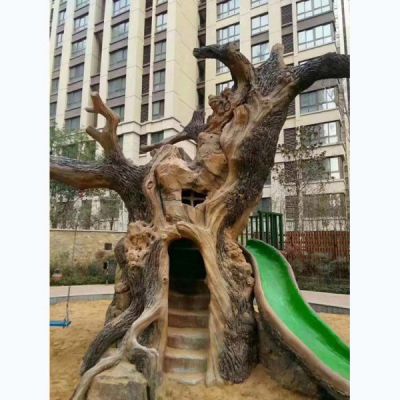 小區兒童游樂(lè )場(chǎng)水泥仿真樹(shù)干兒童滑梯