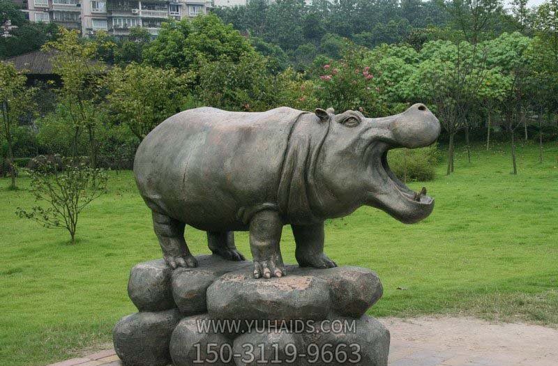公園里擺放的一只張著(zhù)嘴巴的玻璃鋼創(chuàng )意海馬雕塑