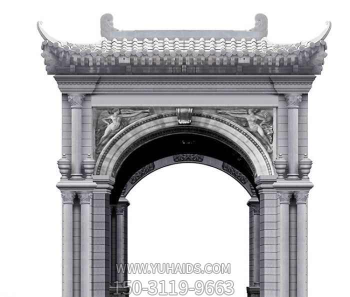 酒店單門(mén)歐中式創(chuàng )意結合青石牌坊門(mén)樓雕塑
