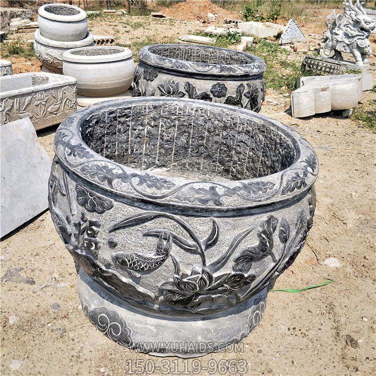青石魚(yú)缸，鯉魚(yú)荷花刻紋仿古水缸雕塑