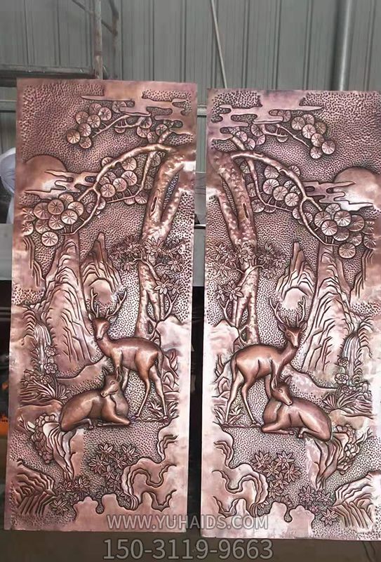 福壽安康紫銅浮雕裝飾壁畫(huà)，鹿和松樹(shù)雕塑