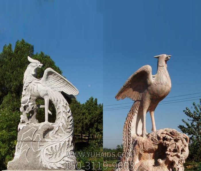 戶(hù)外景區大理石石雕石頭上休息的鳳凰雕塑