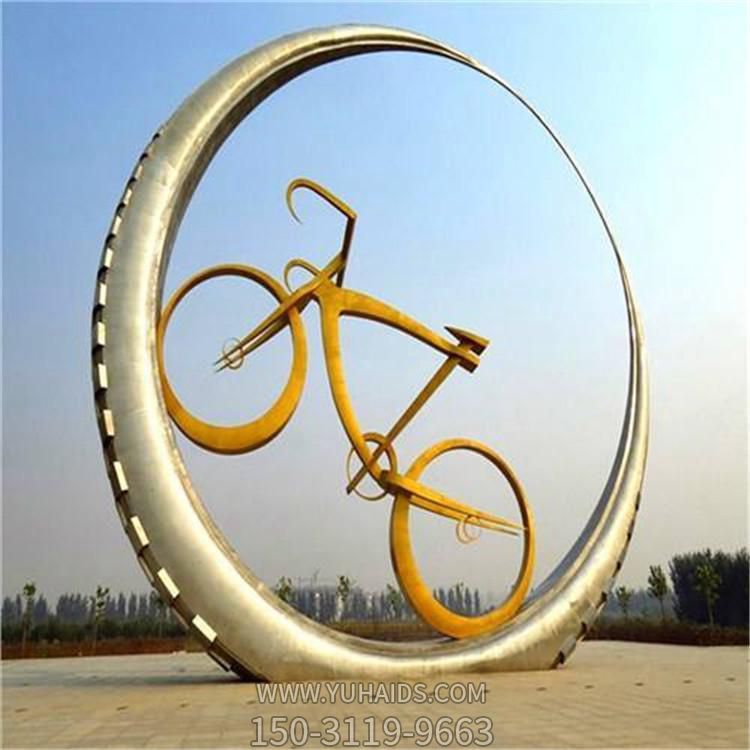 戶(hù)外公園不銹鋼創(chuàng  )意圓環(huán)中的自行車(chē)景觀(guān)擺件