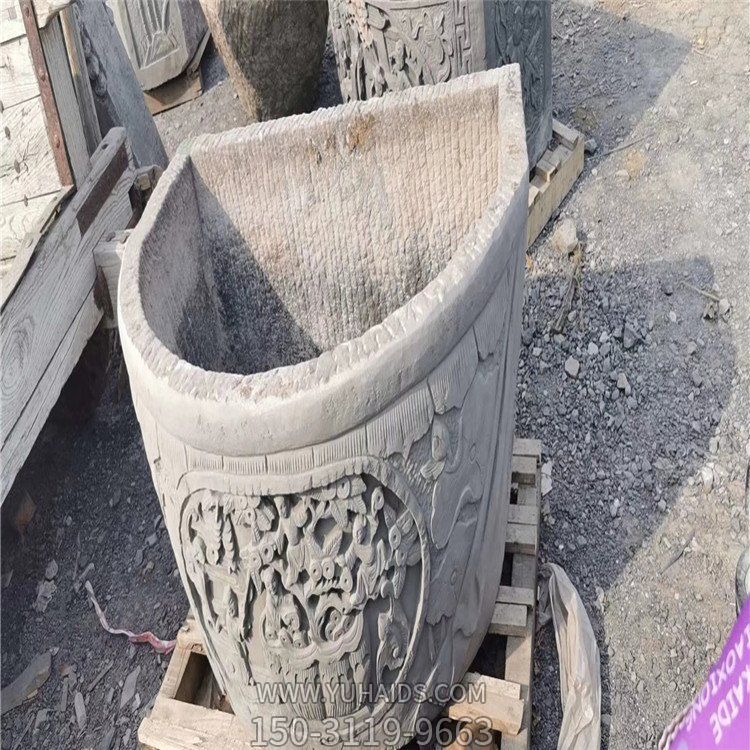石雕養魚(yú)池大魚(yú)缸 庭院老石器老半圓砂石缸擺件雕塑