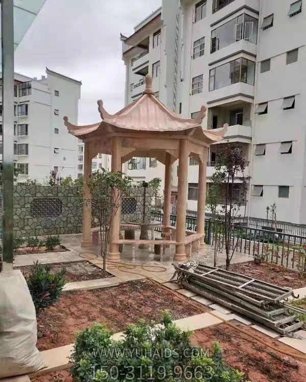 小區園林石涼亭，晚霞紅大理石石雕亭子雕塑