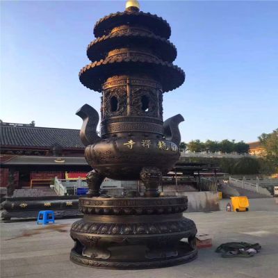 寺廟大型創(chuàng  )意不銹鋼仿銅塔型鼎雕塑