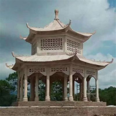大型廣場(chǎng)擺放雙層鏤空大理石涼亭景觀(guān)