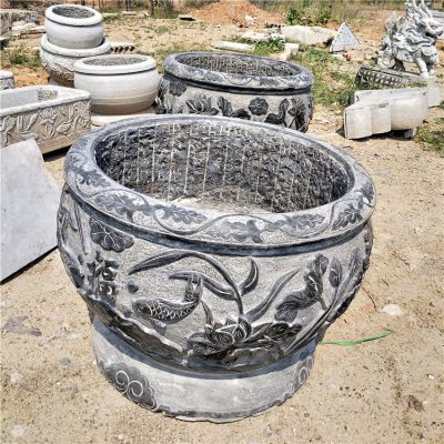 青石魚(yú)缸，鯉魚(yú)荷花刻紋仿古水缸
