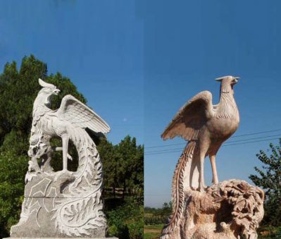戶(hù)外景區大理石石雕石頭上休息的鳳凰雕塑