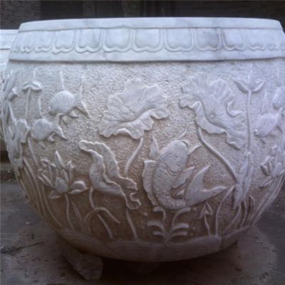大理石天然石材浮雕荷花養魚(yú)水缸庭院擺件