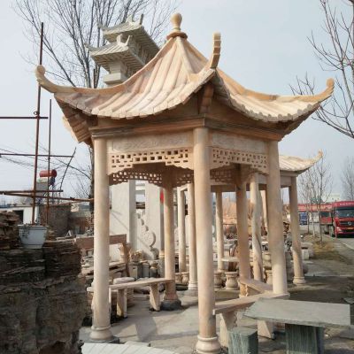 農場(chǎng)戶(hù)外擺放大理石雕刻鏤空涼亭雕塑