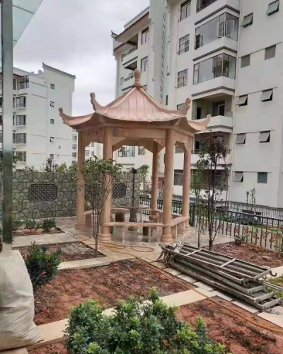 小區園林石涼亭，晚霞紅大理石石雕亭子