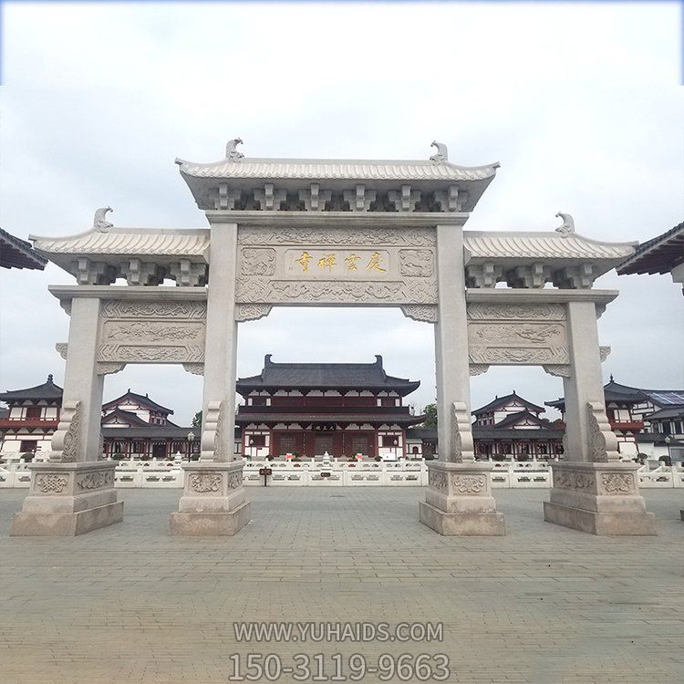 景區三門(mén)牌坊  大理石浮雕古建筑石雕門(mén)樓雕塑