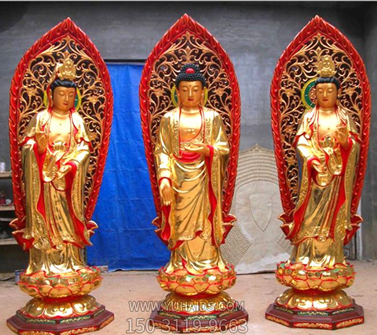 寺廟大型神佛景觀(guān)玻璃鋼彩繪三圣雕塑