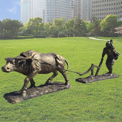 玻璃鋼耕牛雕塑 景點(diǎn)街道銅雕農耕人物雕塑