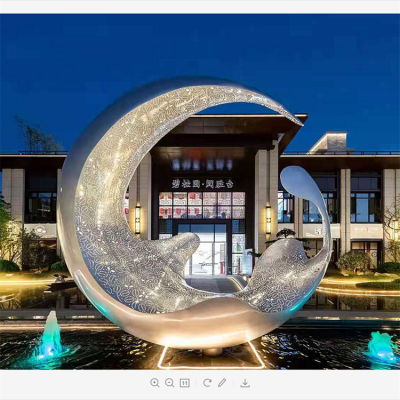 不銹鋼月亮水滴雕塑，透光水景裝飾雕塑