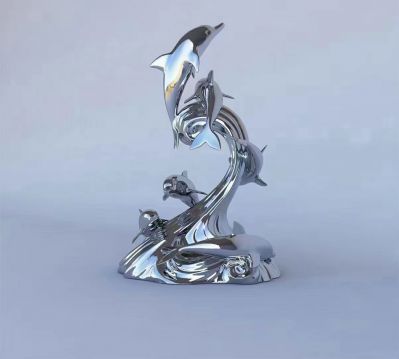 鏡面不銹鋼創(chuàng  )意水景海豚雕塑擺件