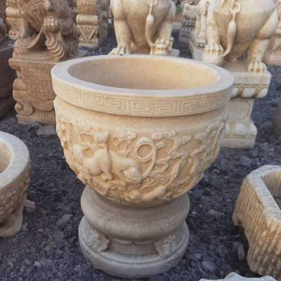 小區庭院擺放景觀(guān)黃金麻仿古石雕花盆 歐式花缽