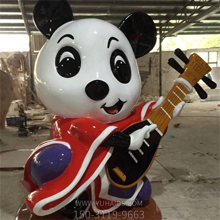 創(chuàng  )意玻璃鋼彈琵琶的熊貓雕塑
