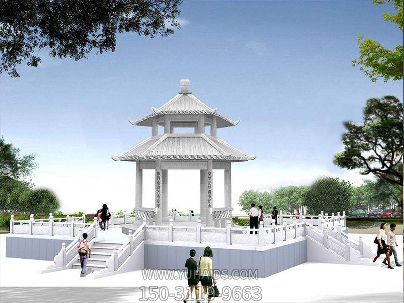 寺廟觀(guān)景臺擺放漢白玉雙頂休閑涼亭雕塑